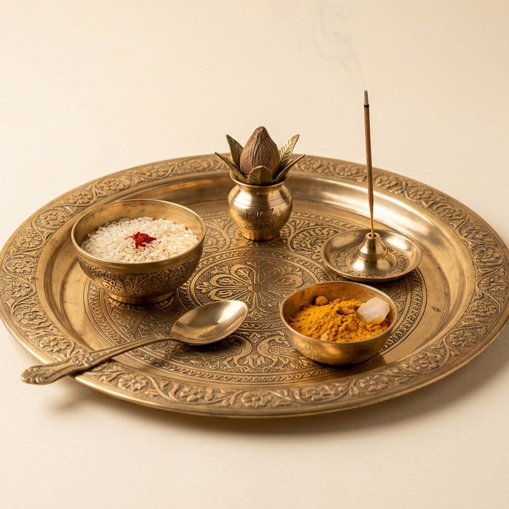Engraved Brass Puja Thali Set