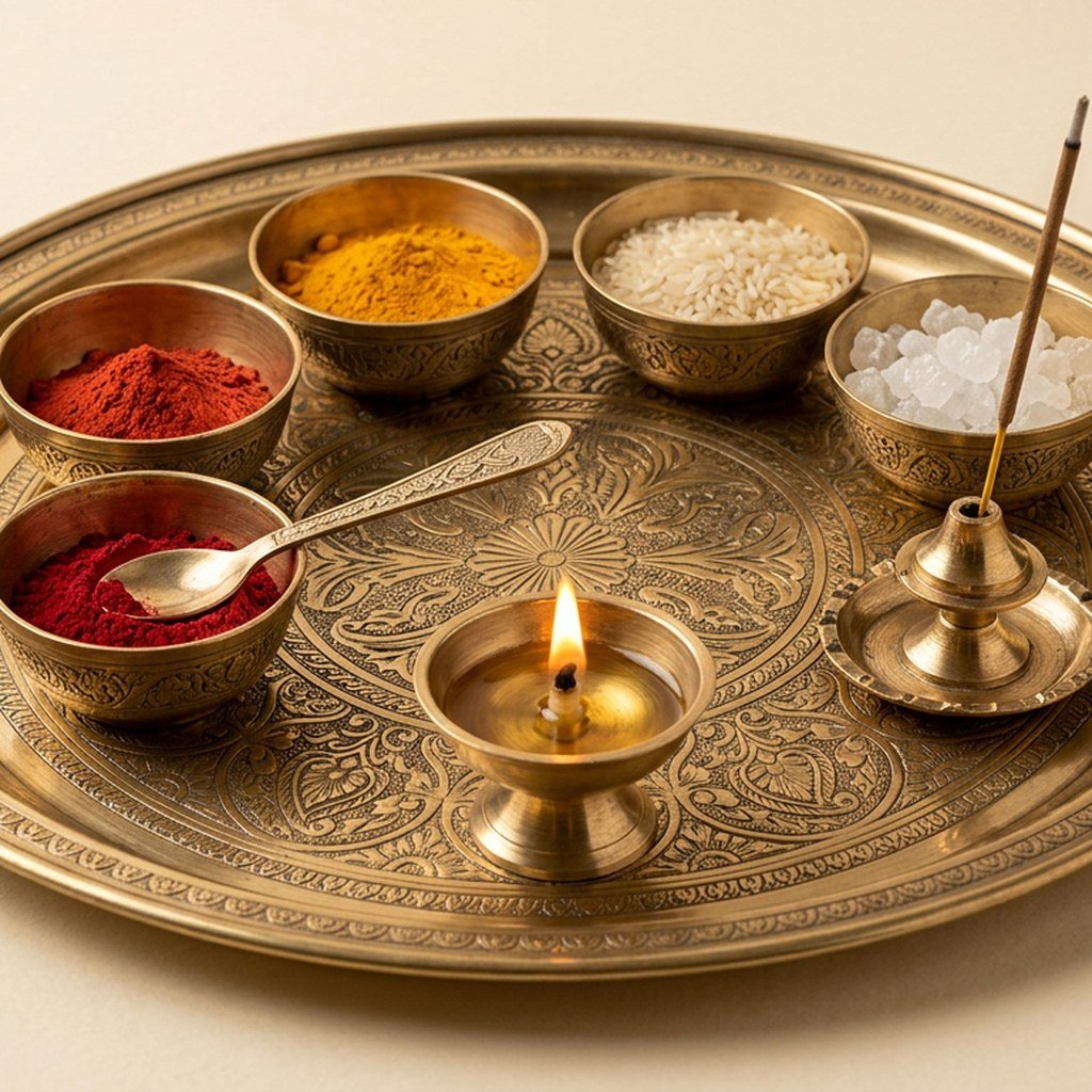 Engraved Brass Puja Thali Set view 2