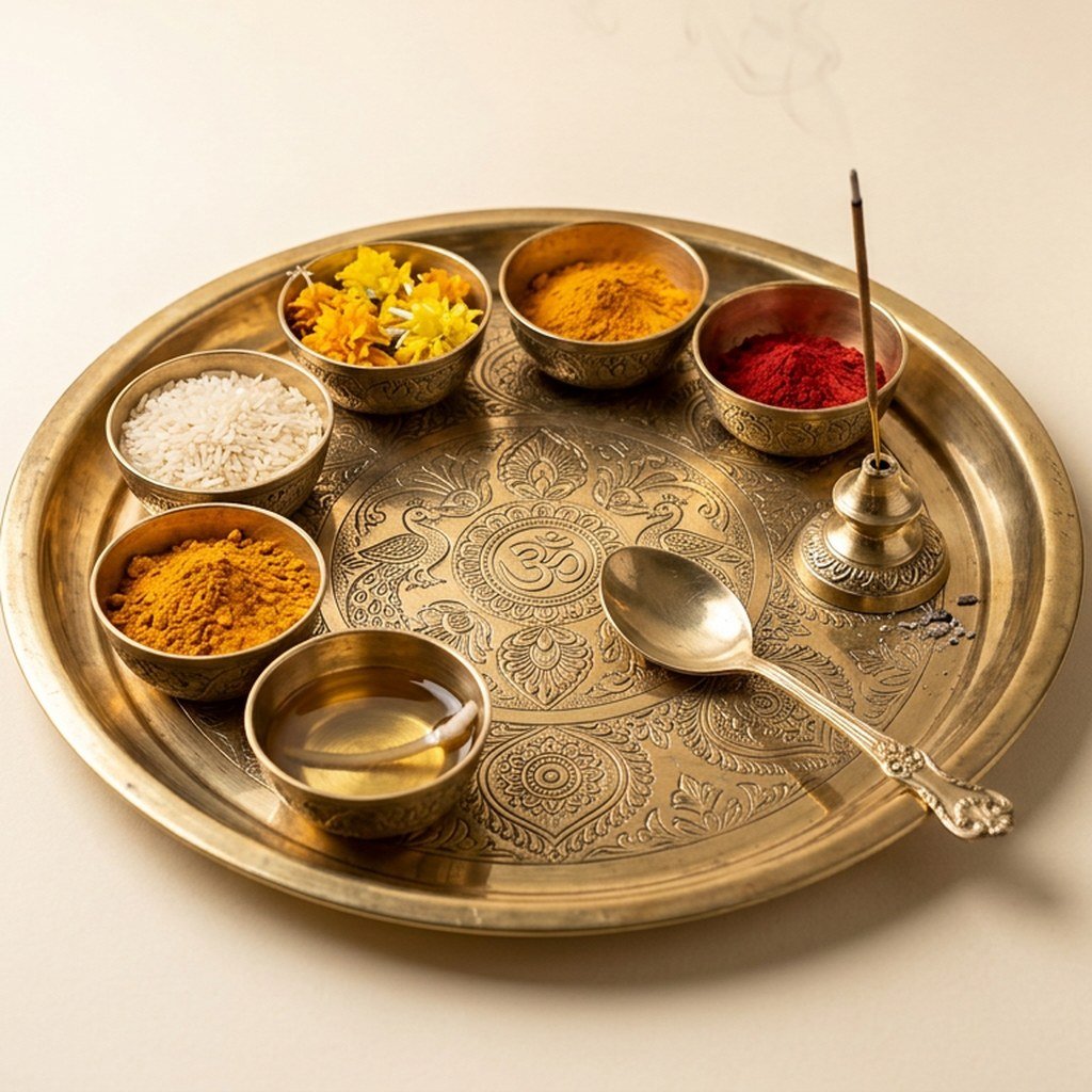 Engraved Brass Puja Thali Set view 3